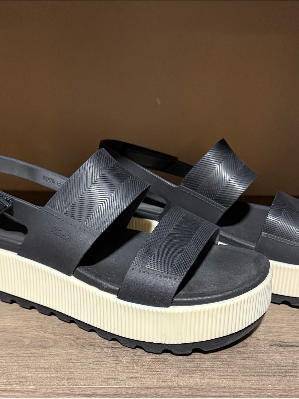 Reef Women's Black Dual-Strap Platform Sandals with Cream Ribbed Midsole